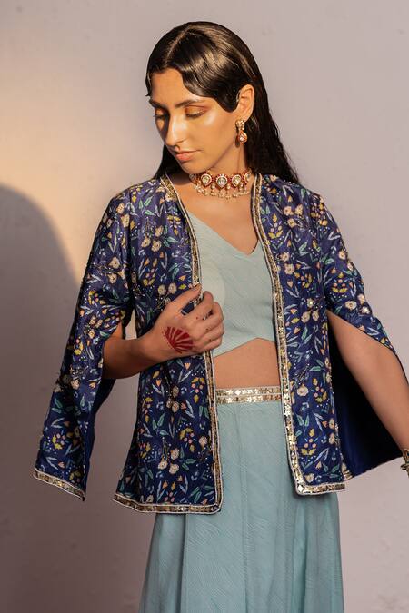 Redpine Designs Blue Viscose Embroidery, Sequins V-neck, Open Blossom Print Jacket Palazzo Set Online at Aza Fashions Redpine Designs_Blue Viscose Embroidery, Sequins V-neck, Open Blossom Print Jacket Palazzo Set _Online_at_Aza_Fashions