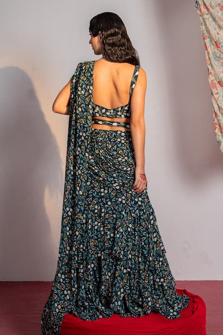 Shop Redpine Designs Green Viscose, Georgette, Crepe, Silk Floral Print Pre Draped Saree Set at Aza Fashions Shop_Redpine Designs_Green Viscose, Georgette, Crepe, Silk Floral Print Pre Draped Saree Set _at_Aza_Fashions