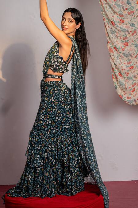 Redpine Designs Green Viscose, Georgette, Crepe, Silk Floral Print Pre Draped Saree Set Online at Aza Fashions Redpine Designs_Green Viscose, Georgette, Crepe, Silk Floral Print Pre Draped Saree Set _Online_at_Aza_Fashions