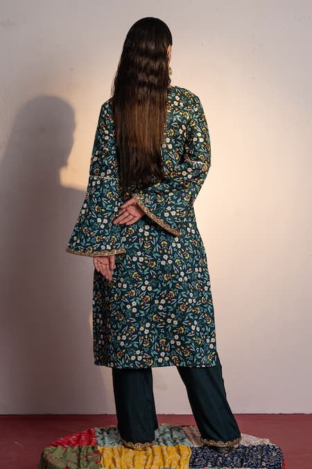Shop Redpine Designs Green Viscose, Silk, Muslin Embroidery, Sequins Blossom Print Kurta With Pant at Aza Fashions Shop_Redpine Designs_Green Viscose, Silk, Muslin Embroidery, Sequins Blossom Print Kurta With Pant _at_Aza_Fashions