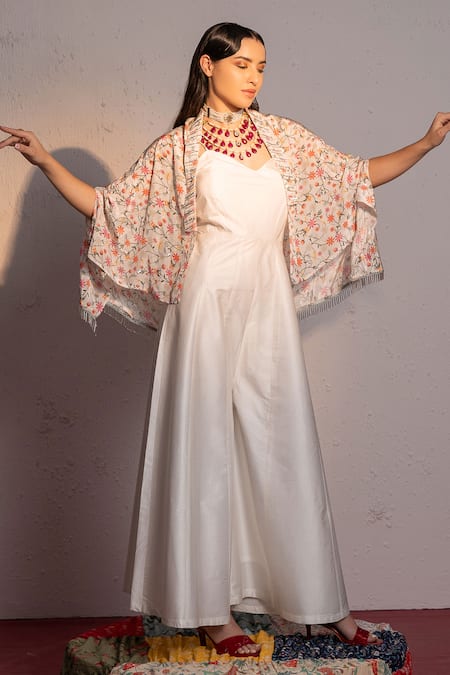 Redpine Designs Ivory Jumpsuit Viscose Modal Satin Printed Floral Cape Blossom Jaal With 