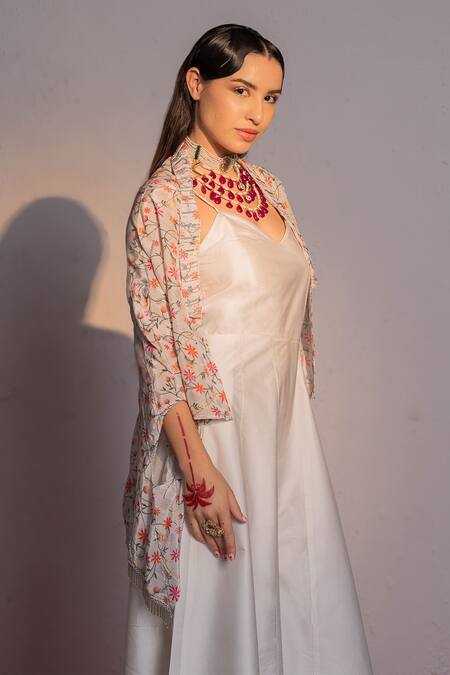 Redpine Designs Ivory Viscose, Modal, Satin Embroidery, Blossom Jaal Print Cape With Jumpsuit Online at Aza Fashions Redpine Designs_Ivory Viscose, Modal, Satin Embroidery, Blossom Jaal Print Cape With Jumpsuit _Online_at_Aza_Fashions