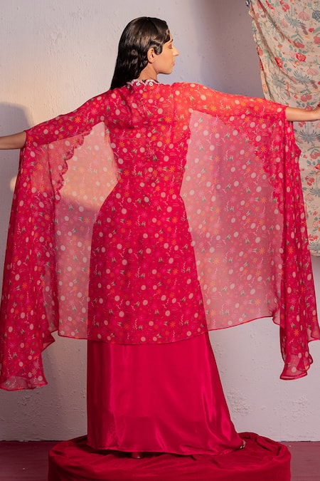 Shop Redpine Designs Pink Viscose Sequins, Embroidery V-neck Blossom Print Cape Skirt Set at Aza Fashions Shop_Redpine Designs_Pink Viscose Sequins, Embroidery V-neck Blossom Print Cape Skirt Set _at_Aza_Fashions