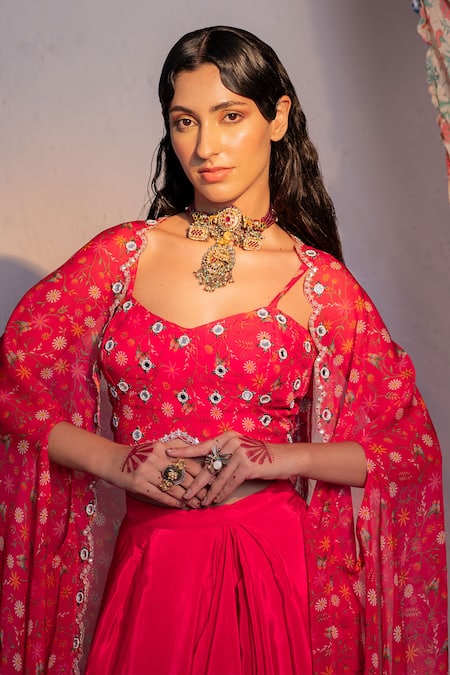 Redpine Designs Pink Viscose Sequins, Embroidery V-neck Blossom Print Cape Skirt Set Online at Aza Fashions Redpine Designs_Pink Viscose Sequins, Embroidery V-neck Blossom Print Cape Skirt Set _Online_at_Aza_Fashions