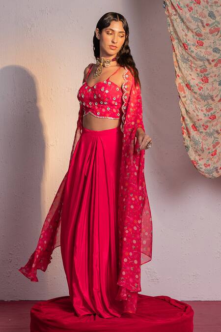 Buy Redpine Designs Pink Viscose Sequins, Embroidery V-neck Blossom Print Cape Skirt Set Online at Aza Fashions Buy_Redpine Designs_Pink Viscose Sequins, Embroidery V-neck Blossom Print Cape Skirt Set _Online_at_Aza_Fashions