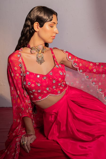 Shop Redpine Designs Pink Viscose Sequins, Embroidery V-neck Blossom Print Cape Skirt Set Online at Aza Fashions Shop_Redpine Designs_Pink Viscose Sequins, Embroidery V-neck Blossom Print Cape Skirt Set _Online_at_Aza_Fashions