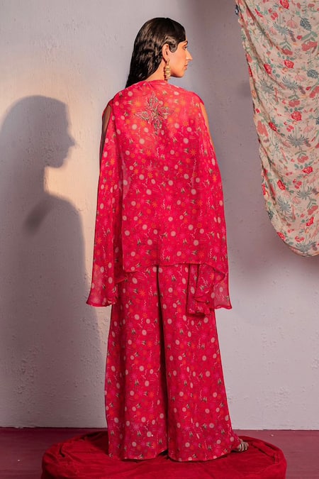 Shop Redpine Designs Pink Viscose Embroidery, Sequins V-neck Botanic Print Cape Pant Set at Aza Fashions Shop_Redpine Designs_Pink Viscose Embroidery, Sequins V-neck Botanic Print Cape Pant Set _at_Aza_Fashions
