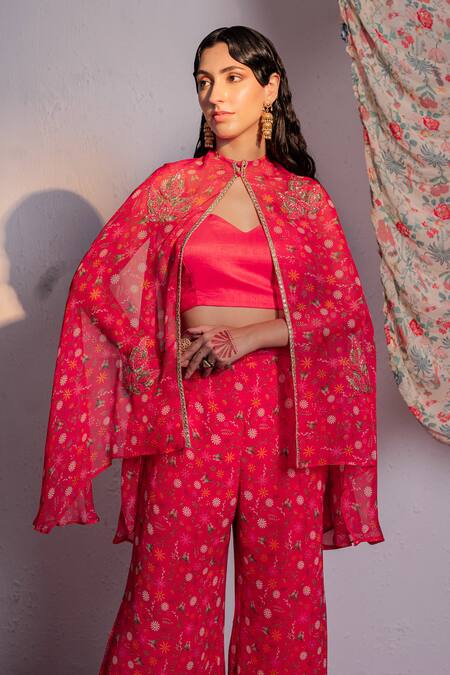 Redpine Designs Pink Viscose Embroidery, Sequins V-neck Botanic Print Cape Pant Set Online at Aza Fashions Redpine Designs_Pink Viscose Embroidery, Sequins V-neck Botanic Print Cape Pant Set _Online_at_Aza_Fashions