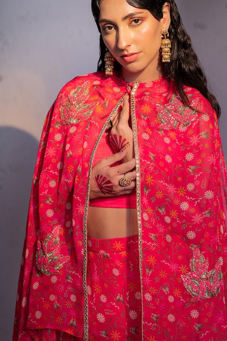 Buy Redpine Designs Pink Viscose Embroidery, Sequins V-neck Botanic Print Cape Pant Set Online at Aza Fashions Buy_Redpine Designs_Pink Viscose Embroidery, Sequins V-neck Botanic Print Cape Pant Set _Online_at_Aza_Fashions