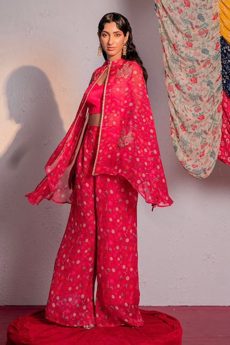 Shop Redpine Designs Pink Viscose Embroidery, Sequins V-neck Botanic Print Cape Pant Set Online at Aza Fashions Shop_Redpine Designs_Pink Viscose Embroidery, Sequins V-neck Botanic Print Cape Pant Set _Online_at_Aza_Fashions