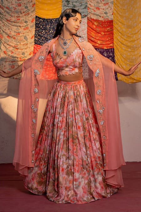 Redpine Designs Coral Lehenga And Blouse Viscose Raw Silk Printed Cape Blossom Set 