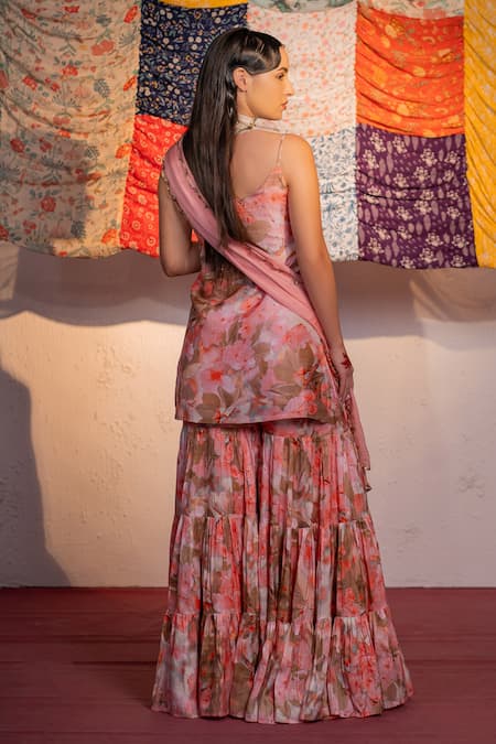Shop_Redpine Designs_Coral Viscose, Silk Cut Work, Embroidery Cutdana Embellished Kurta Sharara Set _at_Aza_Fashions