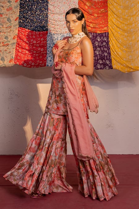 Redpine Designs_Coral Viscose, Silk Cut Work, Embroidery Cutdana Embellished Kurta Sharara Set _Online_at_Aza_Fashions