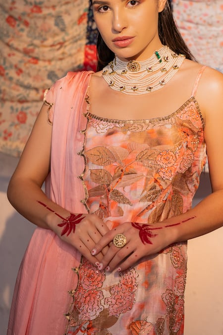 Buy_Redpine Designs_Coral Viscose, Silk Cut Work, Embroidery Cutdana Embellished Kurta Sharara Set _Online_at_Aza_Fashions