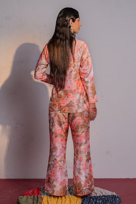 Shop Redpine Designs Coral Viscose, Crepe Embroidery Cherry Blossom Print Blazer With Pant at Aza Fashions Shop_Redpine Designs_Coral Viscose, Crepe Embroidery Cherry Blossom Print Blazer With Pant _at_Aza_Fashions