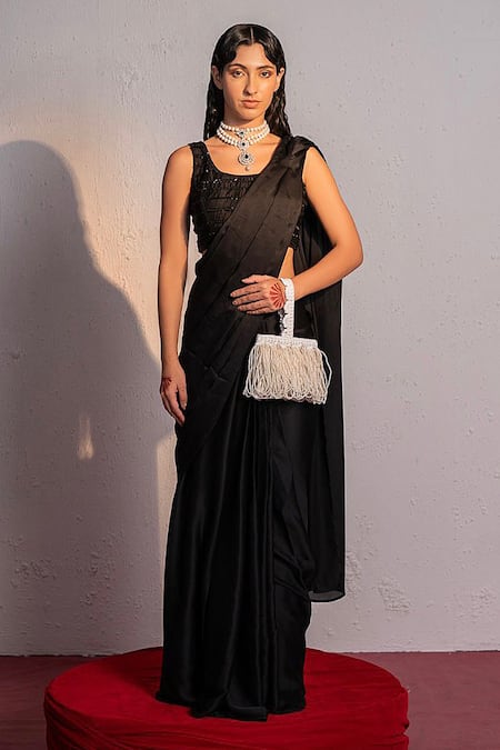 Women Plain Weave Georgette Satin Stripes Stone Embellished Saree with  Blouse Piece – Mirchi Fashion