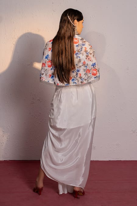Shop Redpine Designs White Silk, Viscose Embroidery, Sequins Floral Bloom Print Short Cape Skirt Set at Aza Fashions Shop_Redpine Designs_White Silk, Viscose Embroidery, Sequins Floral Bloom Print Short Cape Skirt Set _at_Aza_Fashions