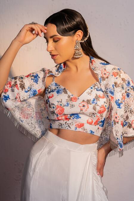 Buy Redpine Designs White Silk, Viscose Embroidery, Sequins Floral Bloom Print Short Cape Skirt Set Online at Aza Fashions Buy_Redpine Designs_White Silk, Viscose Embroidery, Sequins Floral Bloom Print Short Cape Skirt Set _Online_at_Aza_Fashions