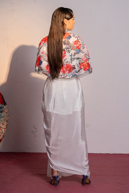 Shop_Redpine Designs_White Silk, Viscose Sequins, Embroidery Blooming Floral Short Cape Skirt Set _at_Aza_Fashions