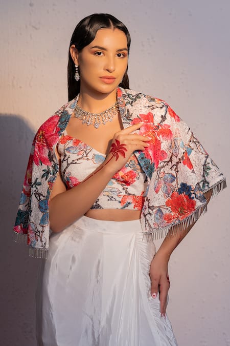 Redpine Designs_White Silk, Viscose Sequins, Embroidery Blooming Floral Short Cape Skirt Set _Online_at_Aza_Fashions