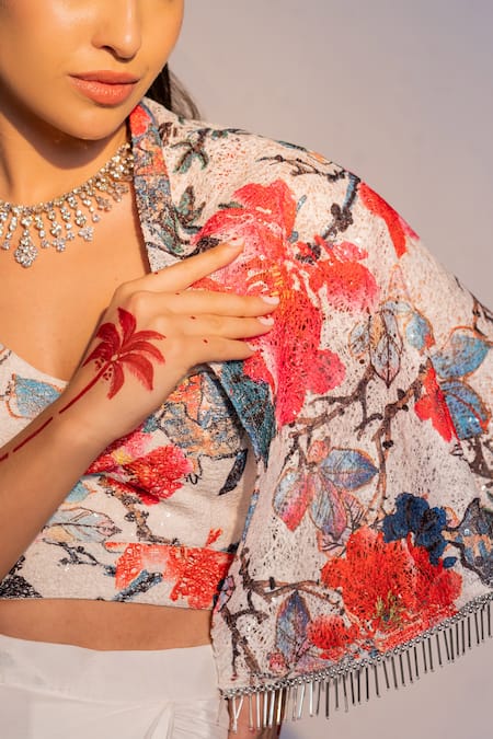 Buy_Redpine Designs_White Silk, Viscose Sequins, Embroidery Blooming Floral Short Cape Skirt Set _Online_at_Aza_Fashions