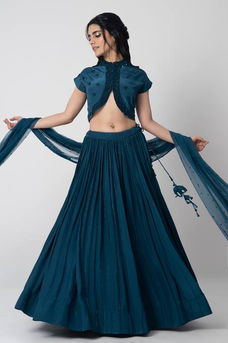 Label Shristi Chetani Blue Crepe Cut Work Round Neck Chirag Hand Embroidered Jacket Lehenga Set Online at Aza Fashions Label Shristi Chetani_Blue Crepe Cut Work Round Neck Chirag Hand Embroidered Jacket Lehenga Set _Online_at_Aza_Fashions