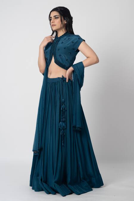 Buy Label Shristi Chetani Blue Crepe Cut Work Round Neck Chirag Hand Embroidered Jacket Lehenga Set Online at Aza Fashions Buy_Label Shristi Chetani_Blue Crepe Cut Work Round Neck Chirag Hand Embroidered Jacket Lehenga Set _Online_at_Aza_Fashions