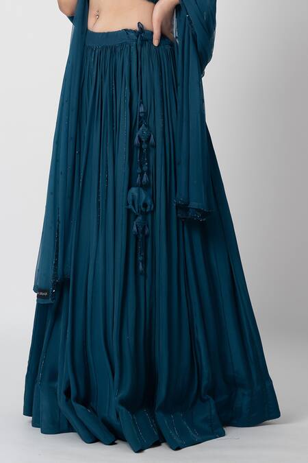 Shop Label Shristi Chetani Blue Crepe Cut Work Round Neck Chirag Hand Embroidered Jacket Lehenga Set Online at Aza Fashions Shop_Label Shristi Chetani_Blue Crepe Cut Work Round Neck Chirag Hand Embroidered Jacket Lehenga Set _Online_at_Aza_Fashions