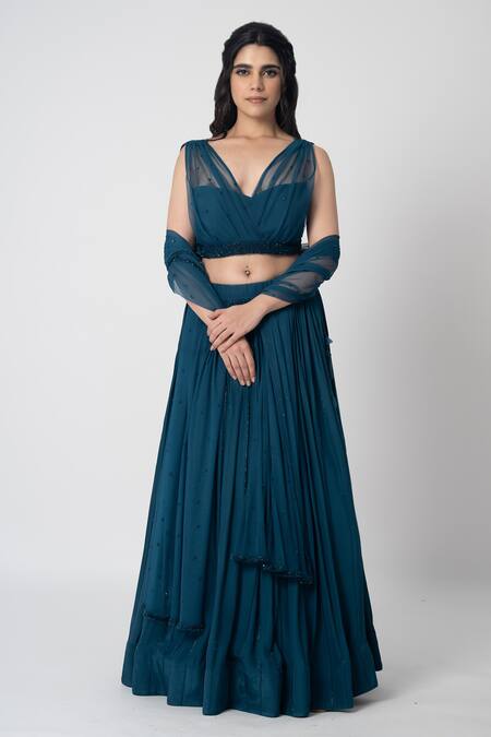 Buy_Label Shristi Chetani_Blue Crepe Cut Work V-neck Ambar Hand Embroidered Blouse Lehenga Set _Online_at_Aza_Fashions