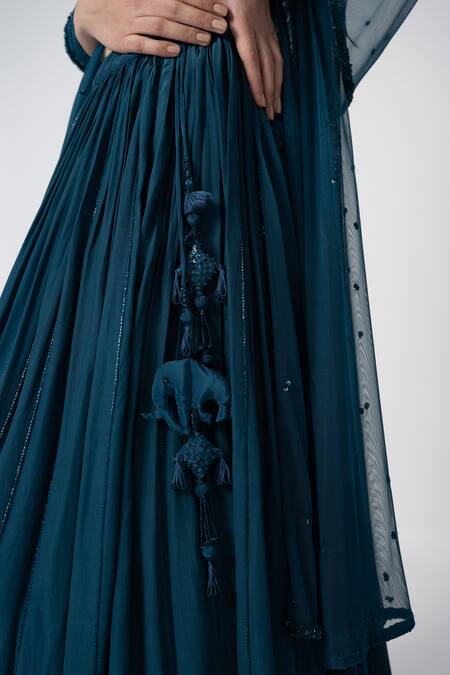 Shop_Label Shristi Chetani_Blue Crepe Cut Work V-neck Ambar Hand Embroidered Blouse Lehenga Set _Online_at_Aza_Fashions