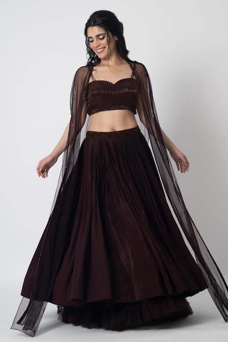 Label Shristi Chetani Brown Crepe Cut Work Sweetheart Neck Utej Hand Embroidered Cape Lehenga Set Online at Aza Fashions Label Shristi Chetani_Brown Crepe Cut Work Sweetheart Neck Utej Hand Embroidered Cape Lehenga Set _Online_at_Aza_Fashions