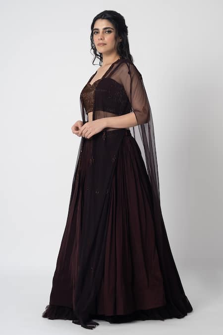 Shop Label Shristi Chetani Brown Crepe Cut Work Sweetheart Neck Utej Hand Embroidered Cape Lehenga Set Online at Aza Fashions Shop_Label Shristi Chetani_Brown Crepe Cut Work Sweetheart Neck Utej Hand Embroidered Cape Lehenga Set _Online_at_Aza_Fashions