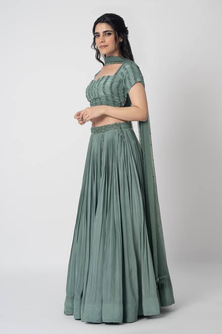 Shop Label Shristi Chetani Blue Crepe Cut Work Sweetheart Neck Tarika Hand Embroidered Blouse Lehenga Set Online at Aza Fashions Shop_Label Shristi Chetani_Blue Crepe Cut Work Sweetheart Neck Tarika Hand Embroidered Blouse Lehenga Set _Online_at_Aza_Fashions