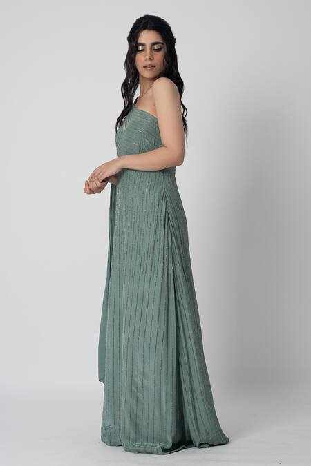 Label Shristi Chetani_Blue Crepe Cut Work One Shoulder Asmaa Hand Embroidered Gown_Online_at_Aza_Fashions