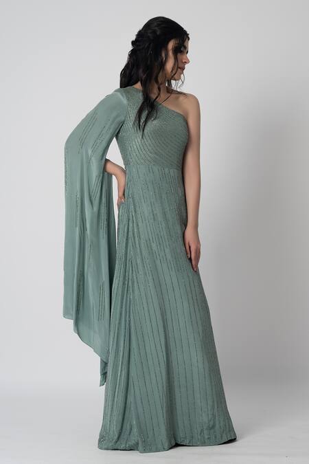 Buy_Label Shristi Chetani_Blue Crepe Cut Work One Shoulder Asmaa Hand Embroidered Gown_Online_at_Aza_Fashions