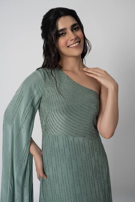 Shop_Label Shristi Chetani_Blue Crepe Cut Work One Shoulder Asmaa Hand Embroidered Gown_Online_at_Aza_Fashions