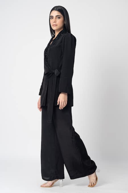 Label Shristi Chetani_Black Crepe Embroidery, Cut Work Urooj Collar Blazer Set _Online_at_Aza_Fashions