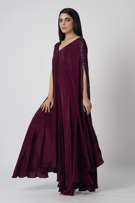 Shop Label Shristi Chetani Maroon Crepe Embroidery V-neck Lehr Sleeve Kaftan at Aza Fashions Shop_Label Shristi Chetani_Maroon Crepe Embroidery V-neck Lehr Sleeve Kaftan _at_Aza_Fashions
