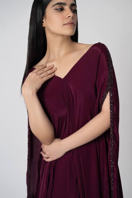 Label Shristi Chetani Maroon Crepe Embroidery V-neck Lehr Sleeve Kaftan Online at Aza Fashions Label Shristi Chetani_Maroon Crepe Embroidery V-neck Lehr Sleeve Kaftan _Online_at_Aza_Fashions
