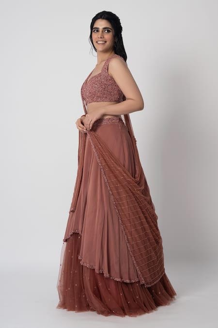 Label Shristi Chetani Pink Crepe Embroidery Sweetheart Neck Mehr Layered Lehenga Set Online at Aza Fashions Label Shristi Chetani_Pink Crepe Embroidery Sweetheart Neck Mehr Layered Lehenga Set_Online_at_Aza_Fashions