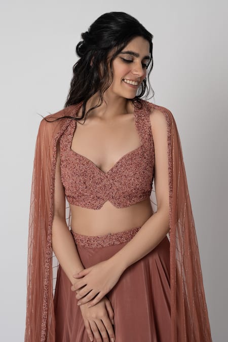Shop Label Shristi Chetani Pink Crepe Embroidery Sweetheart Neck Mehr Layered Lehenga Set Online at Aza Fashions Shop_Label Shristi Chetani_Pink Crepe Embroidery Sweetheart Neck Mehr Layered Lehenga Set_Online_at_Aza_Fashions