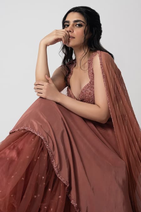 Label Shristi Chetani Pink Crepe Embroidery Sweetheart Neck Mehr Layered Lehenga Set at Aza Fashions Label Shristi Chetani_Pink Crepe Embroidery Sweetheart Neck Mehr Layered Lehenga Set_at_Aza_Fashions