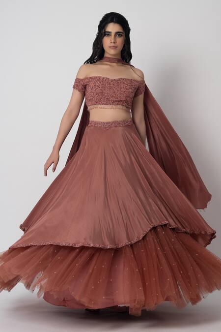 Label Shristi Chetani Pink Crepe Embroidery Sweetheart Neck Roshini Layered Lehenga Set Online at Aza Fashions Label Shristi Chetani_Pink Crepe Embroidery Sweetheart Neck Roshini Layered Lehenga Set_Online_at_Aza_Fashions
