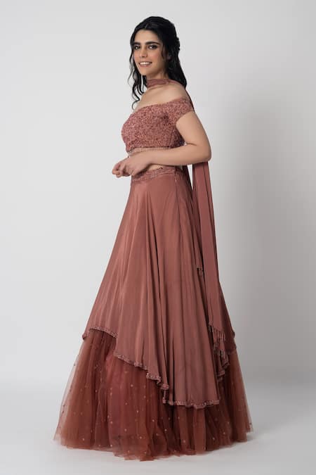 Buy Label Shristi Chetani Pink Crepe Embroidery Sweetheart Neck Roshini Layered Lehenga Set Online at Aza Fashions Buy_Label Shristi Chetani_Pink Crepe Embroidery Sweetheart Neck Roshini Layered Lehenga Set_Online_at_Aza_Fashions