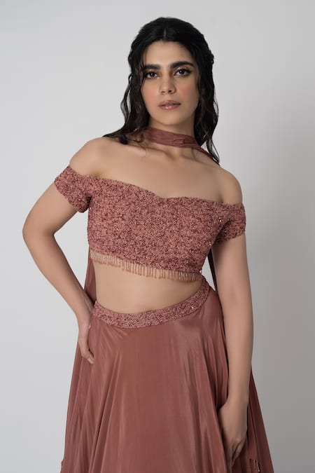 Shop Label Shristi Chetani Pink Crepe Embroidery Sweetheart Neck Roshini Layered Lehenga Set Online at Aza Fashions Shop_Label Shristi Chetani_Pink Crepe Embroidery Sweetheart Neck Roshini Layered Lehenga Set_Online_at_Aza_Fashions