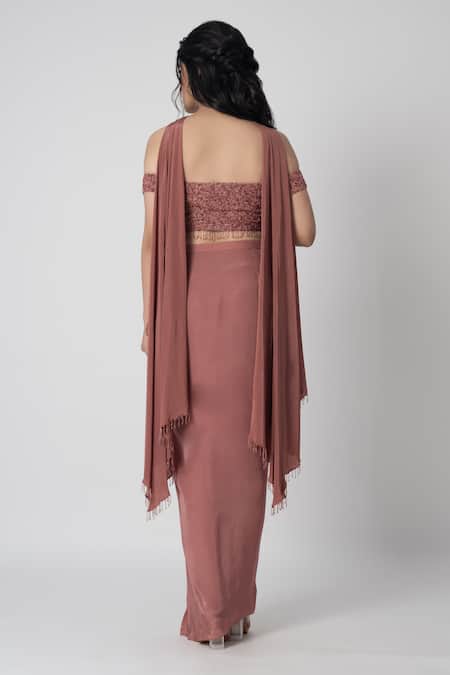 Label Shristi Chetani Deep Off Shoulder Top & Draped Skirt Set 