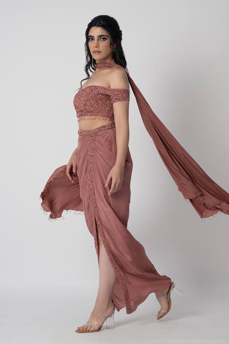 Label Shristi Chetani_Pink Crepe Embroidery Sweetheart Neck Deep Off Shoulder Top And Draped Skirt Set_Online_at_Aza_Fashions