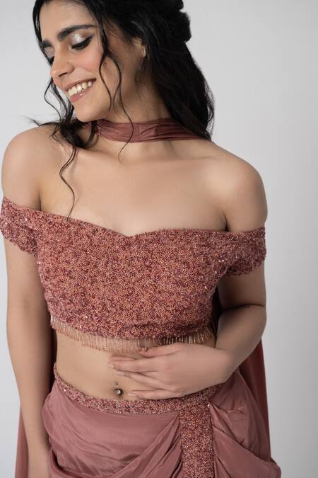 Buy_Label Shristi Chetani_Pink Crepe Embroidery Sweetheart Neck Deep Off Shoulder Top And Draped Skirt Set_Online_at_Aza_Fashions