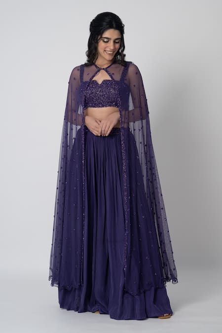 LABEL SHRISTI CHETANI Purple Crepe Hand Embroidered Blouse Straight Nav Cape And Flared Pant Set 