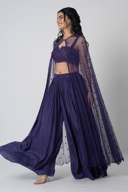 Label Shristi Chetani_Purple Crepe Embroidery Split V-neck Nav Cape And Flared Pant Set_Online_at_Aza_Fashions